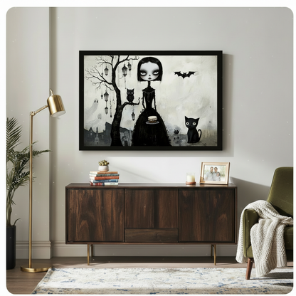 Gothic Girl Black Cat Whimsical Canvas Wall Art
