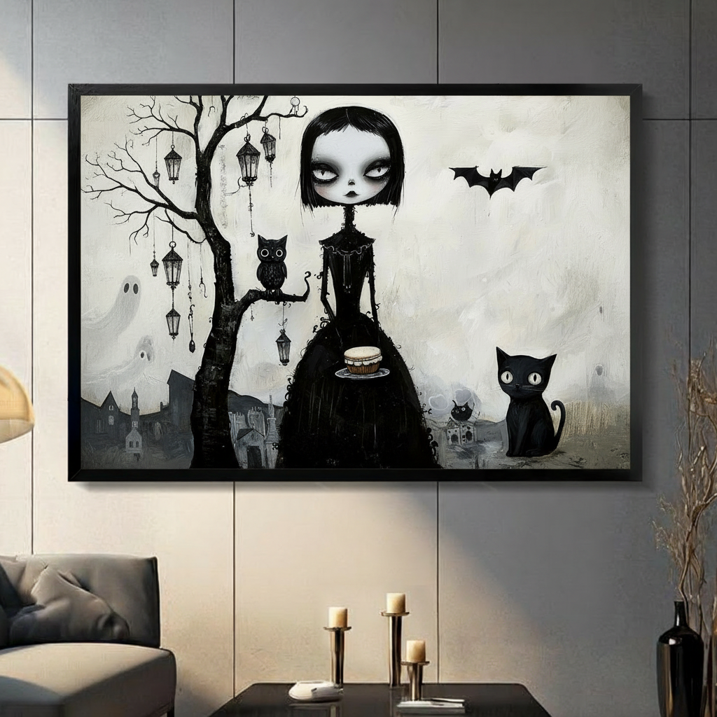 Gothic Girl Black Cat Whimsical Canvas Wall Art