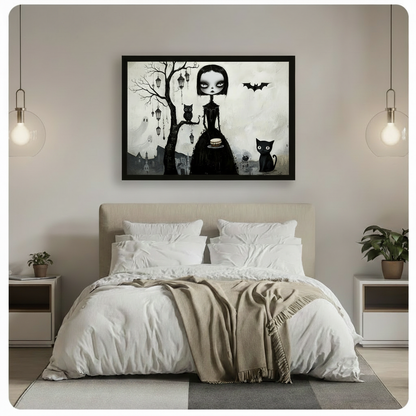 Gothic Girl Black Cat Whimsical Canvas Wall Art