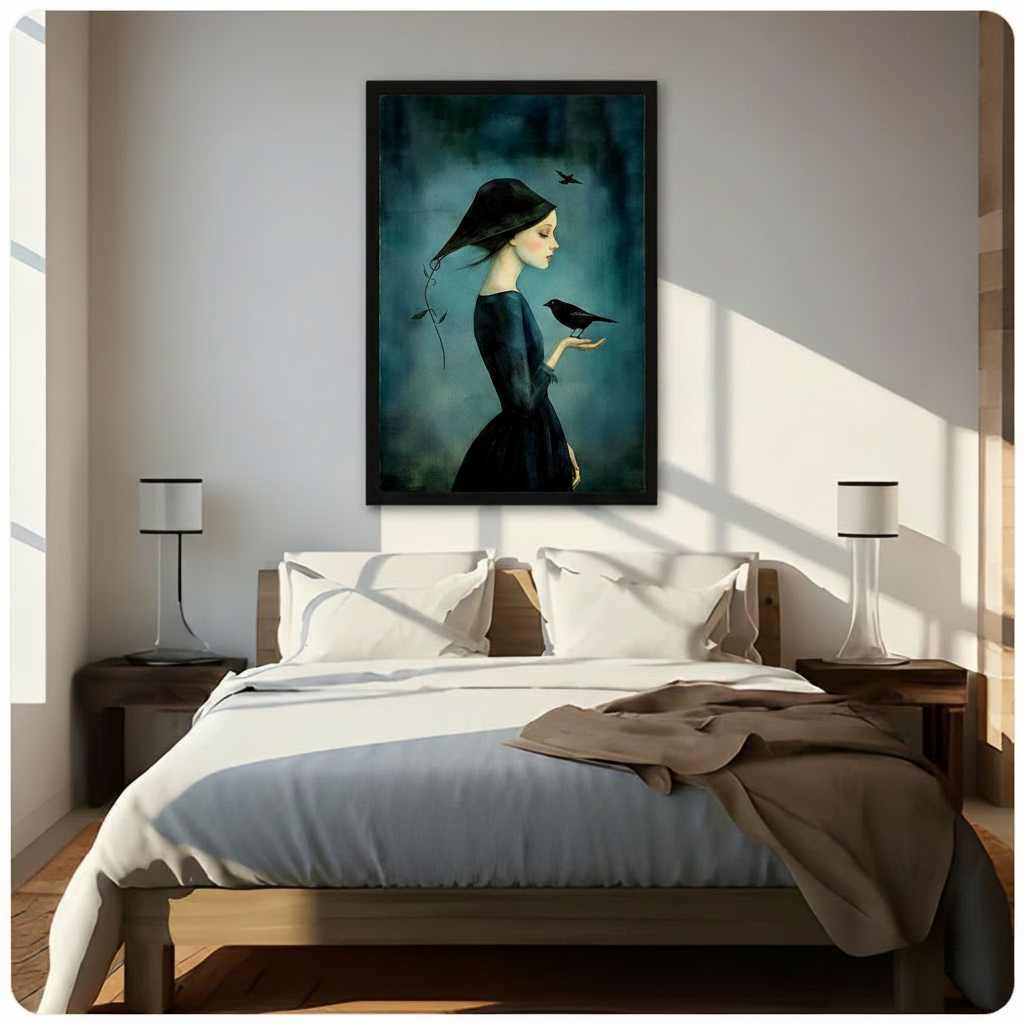 Mysterious Girl Raven Gothic Canvas Wall Art