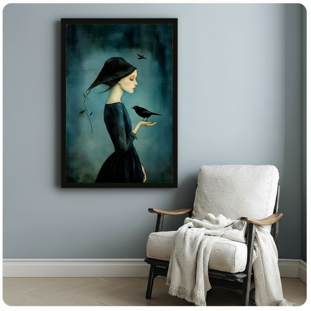 Mysterious Girl Raven Gothic Canvas Wall Art