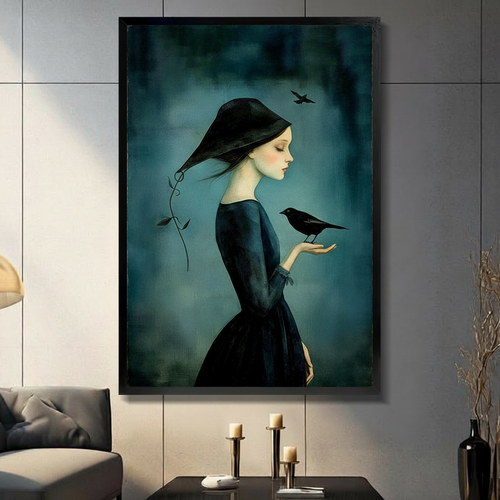 Mysterious Girl Raven Gothic Canvas Wall Art