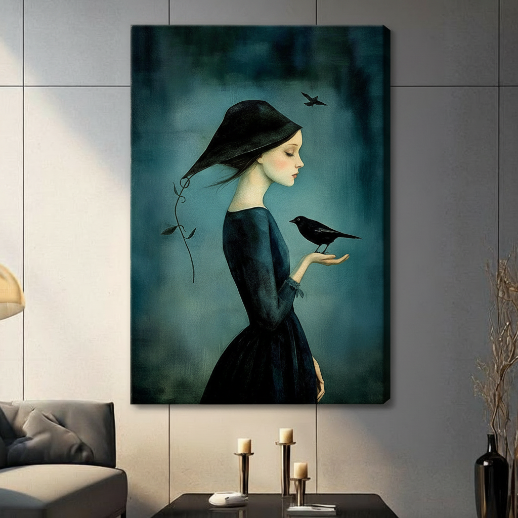 Mysterious Girl Raven Gothic Canvas Wall Art