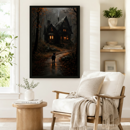 Gothic Black Cat Haunted House Canvas Wall Art