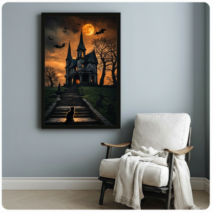 Gothic Halloween Haunted House Canvas Wall Art