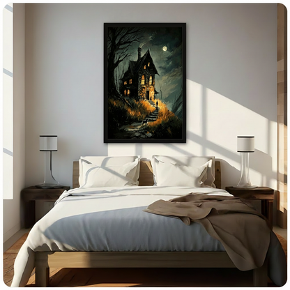 Gothic Moonlit Stone Cottage Canvas Wall Art