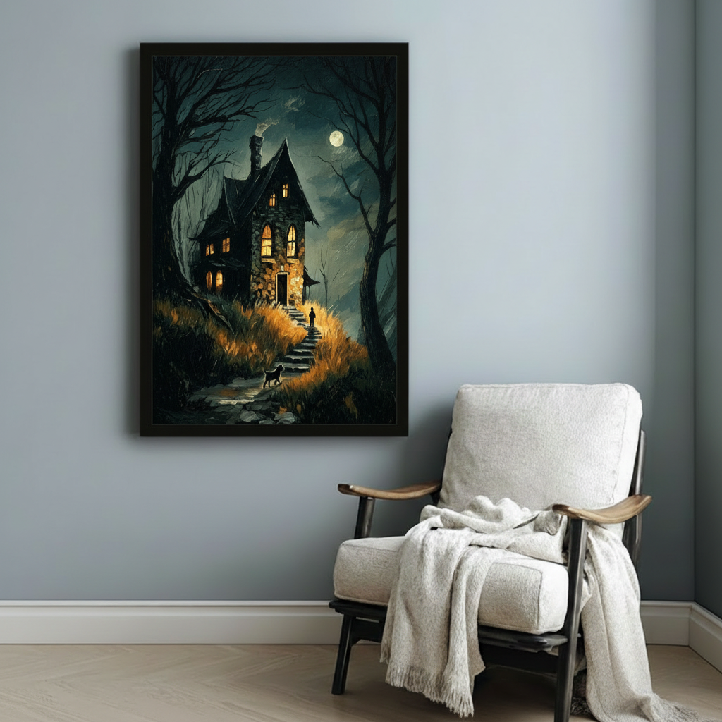 Gothic Moonlit Stone Cottage Canvas Wall Art