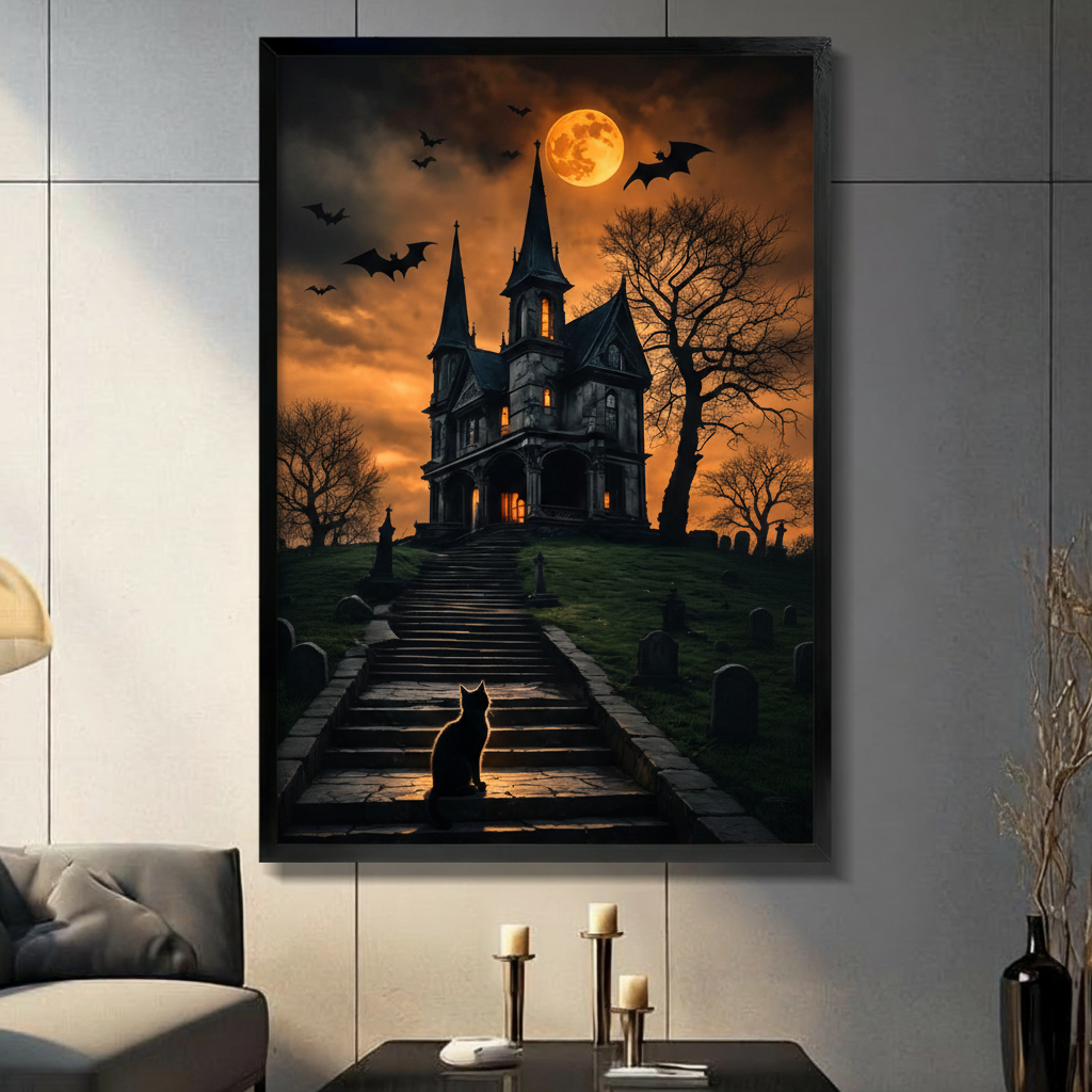 Gothic Halloween Haunted House Canvas Wall Art