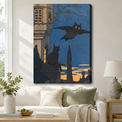 Gothic Black Cat Owl Night Canvas Wall Art