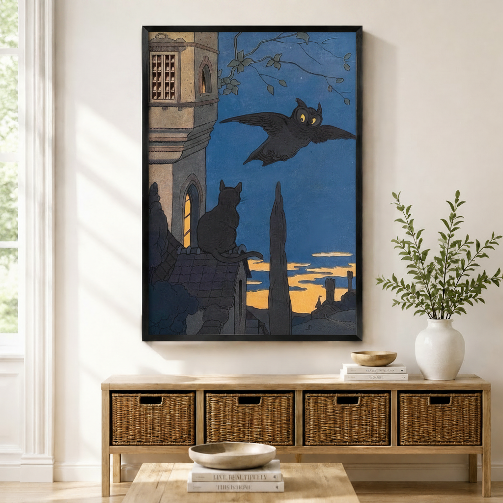 Gothic Black Cat Owl Night Canvas Wall Art