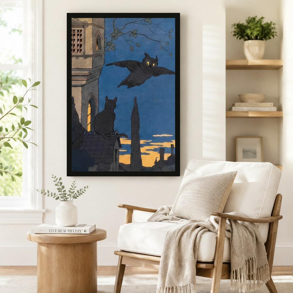 Gothic Black Cat Owl Night Canvas Wall Art