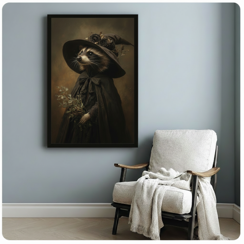 Witch Raccoon Portrait Vintage Canvas Wall Art