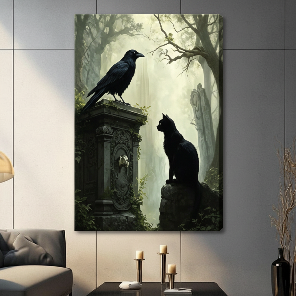 Gothic Black Cat Raven Forest Canvas Art Wall Art