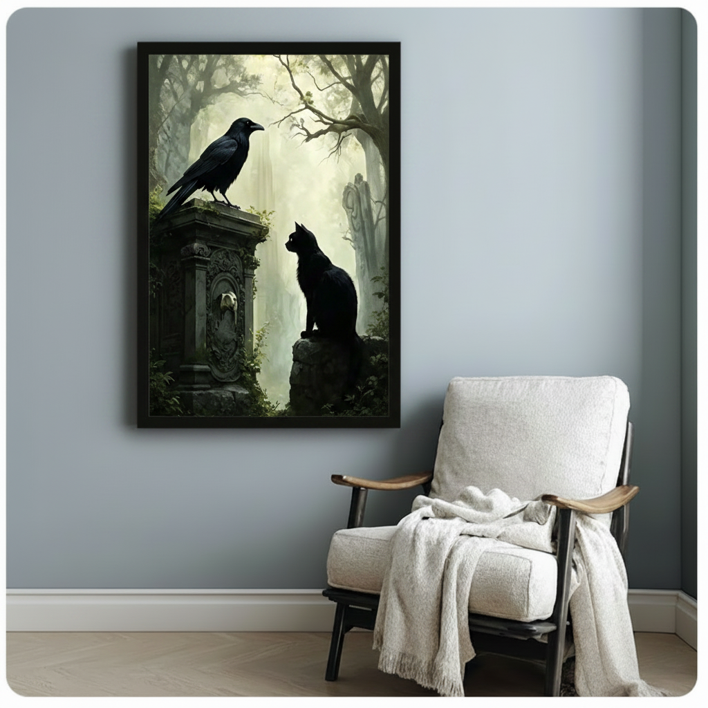 Gothic Black Cat Raven Forest Canvas Art Wall Art