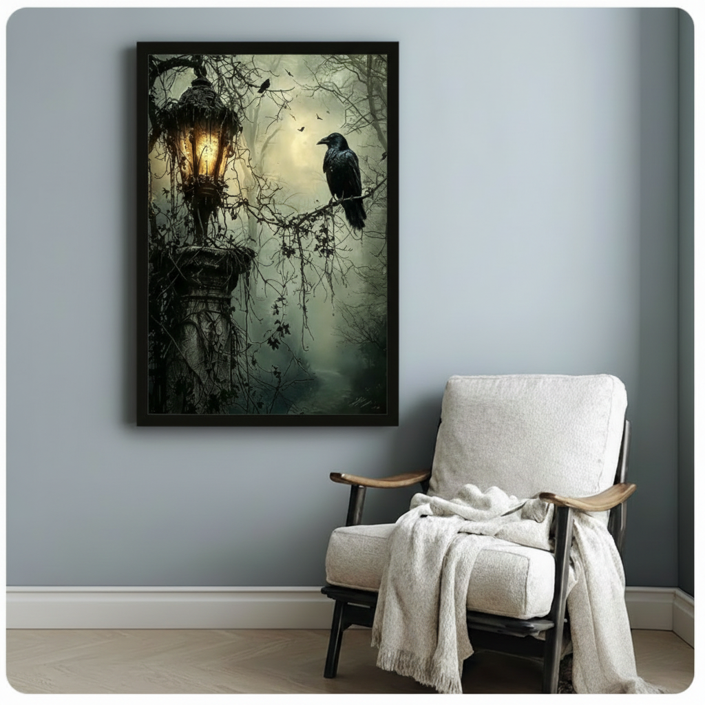 Gothic Raven Lantern Dark Forest Canvas Art Wall Art