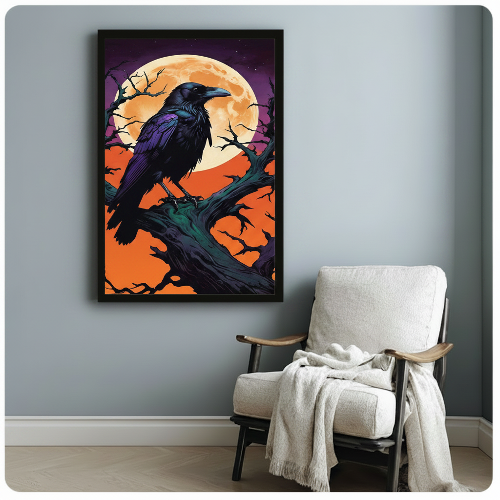 Gothic Raven Full Moon Framed Canvas Art Wall Art
