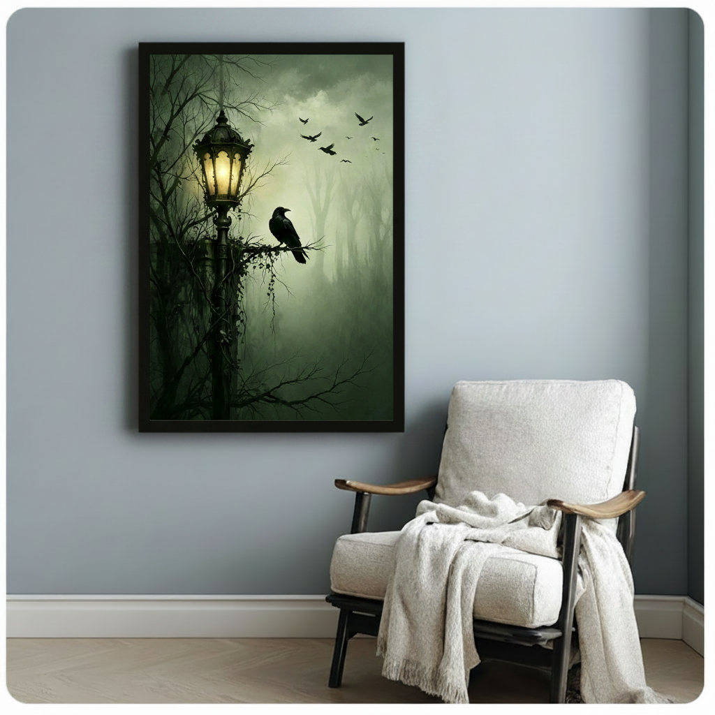 Gothic Raven Street Lamp Canvas Wall Art