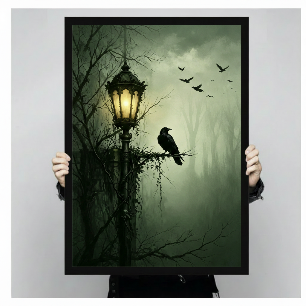Gothic Raven Street Lamp Canvas Wall Art