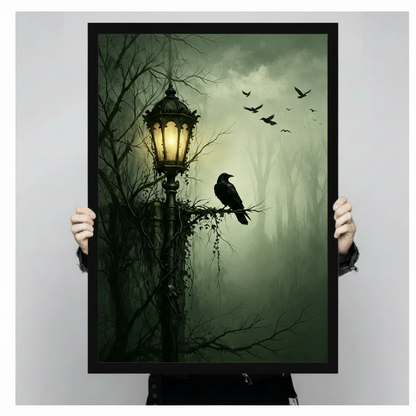 Gothic Raven Street Lamp Canvas Wall Art