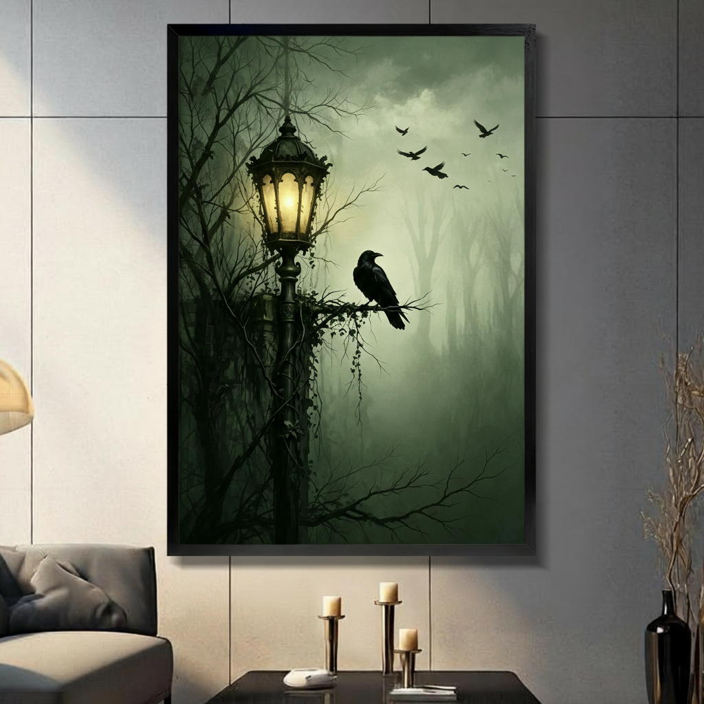 Gothic Raven Street Lamp Canvas Wall Art