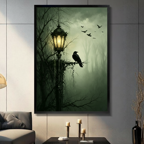 Gothic Raven Street Lamp Canvas Wall Art