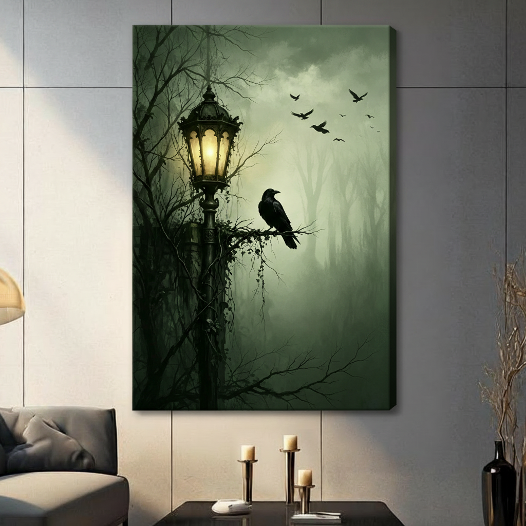 Gothic Raven Street Lamp Canvas Wall Art