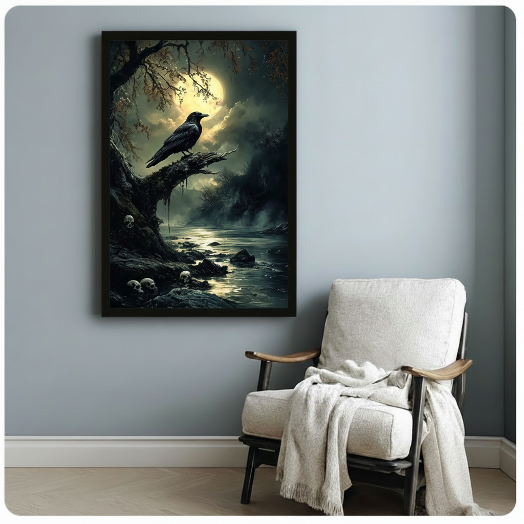 Gothic Raven Moonlit Night Dark Fantasy Canvas Art