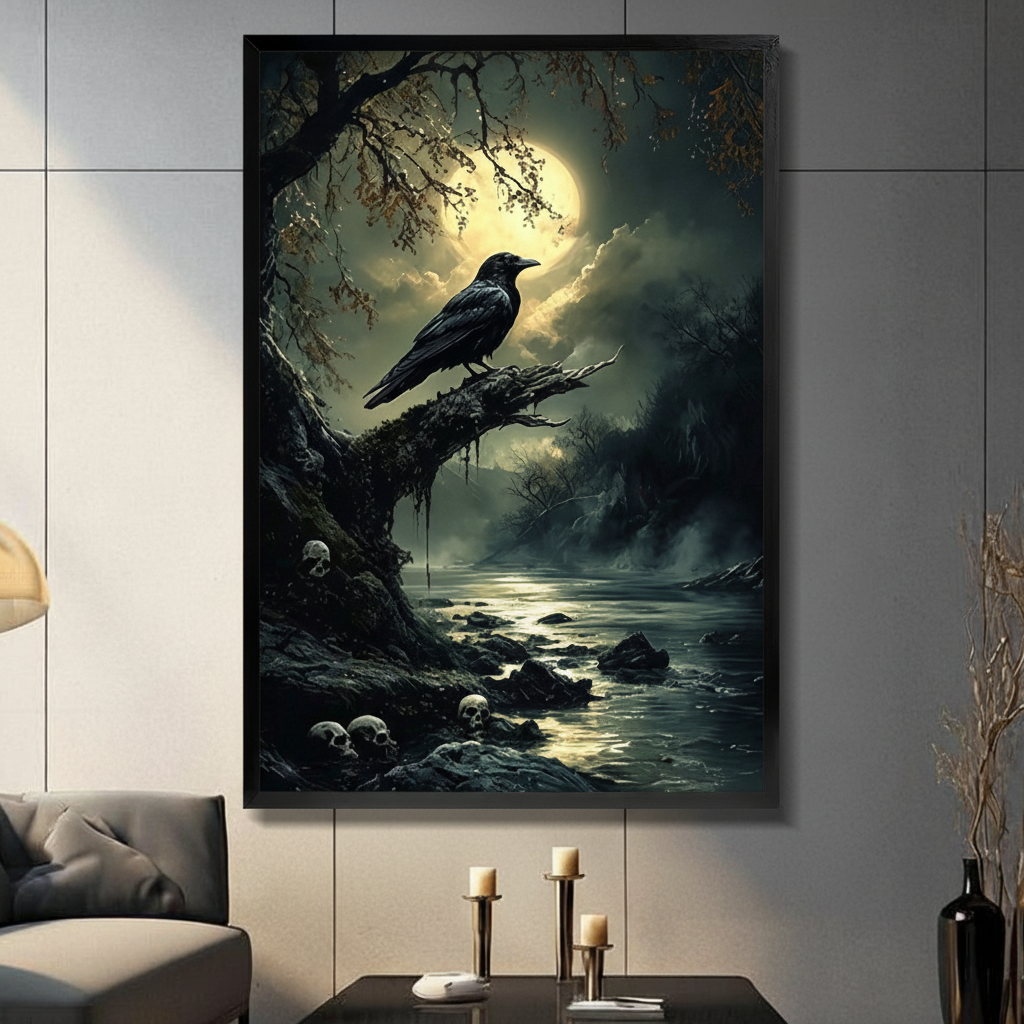 Gothic Raven Moonlit Night Dark Fantasy Canvas Art