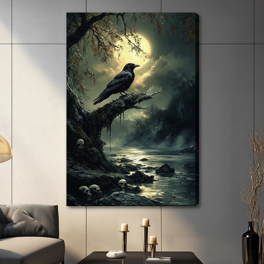 Gothic Raven Moonlit Night Dark Fantasy Canvas Art