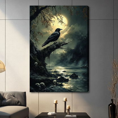 Gothic Raven Moonlit Night Dark Fantasy Canvas Art