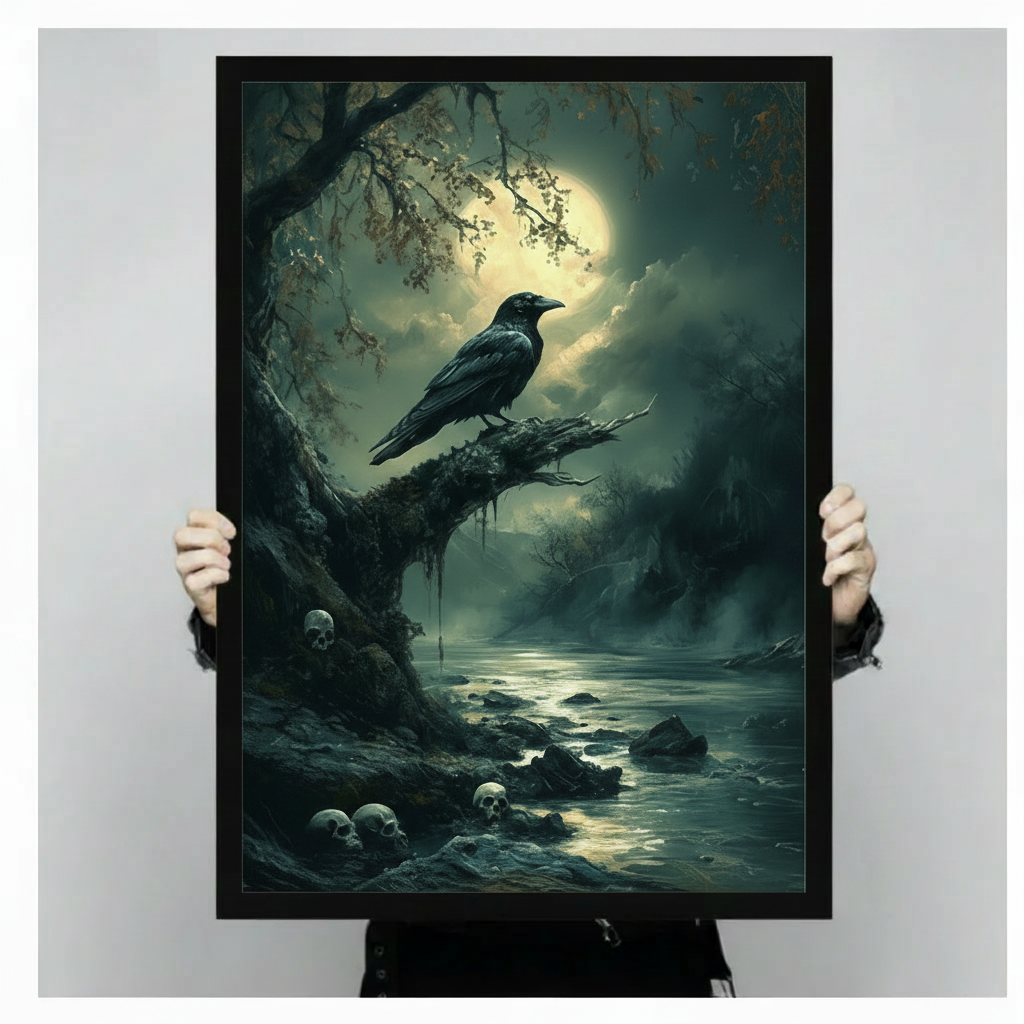 Gothic Raven Moonlit Night Canvas Wall Art