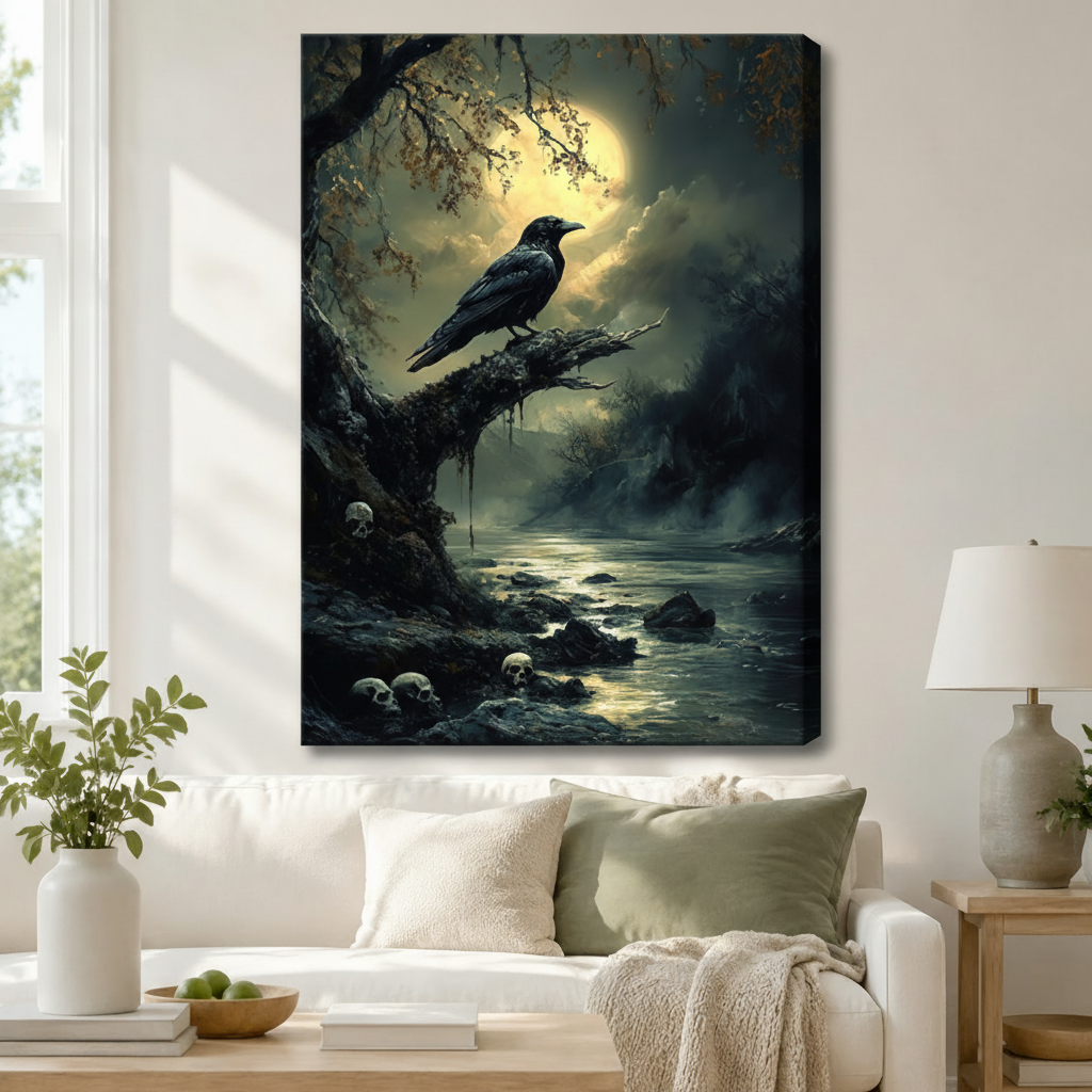 Gothic Raven Moonlit Night Canvas Wall Art