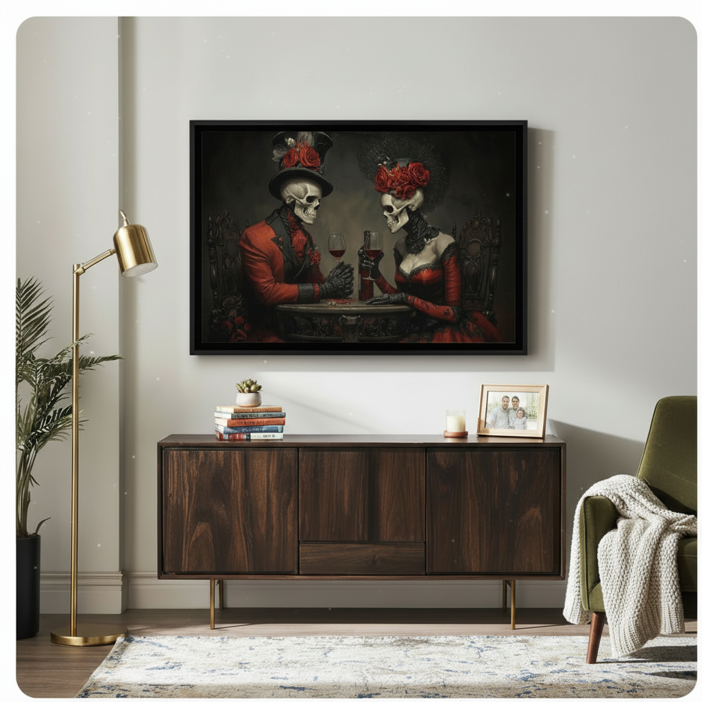 Gothic Skeleton Couple Red Wine Canvas Wall Art