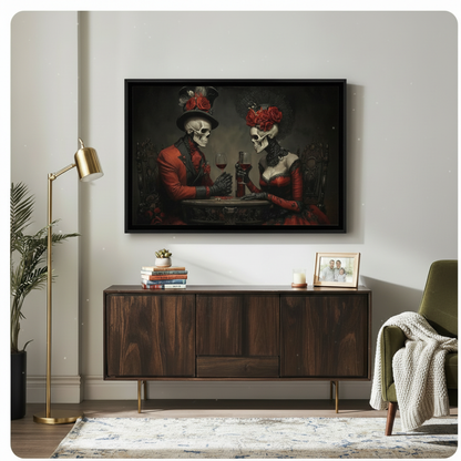 Gothic Skeleton Couple Red Wine Canvas Wall Art