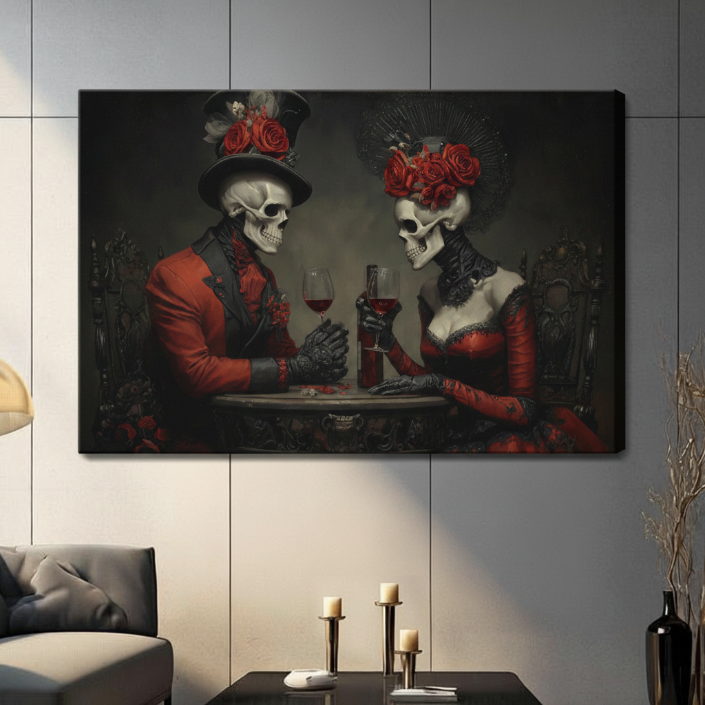 Gothic Skeleton Couple Red Wine Canvas Wall Art