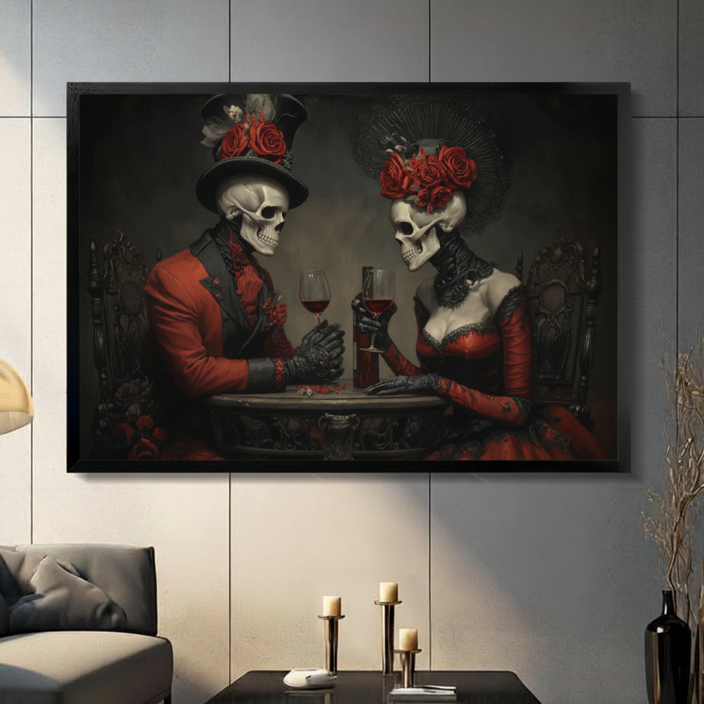 Gothic Skeleton Couple Red Wine Canvas Wall Art