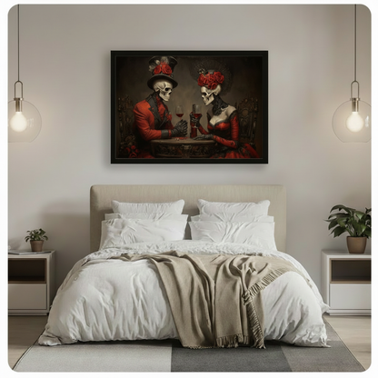 Gothic Skeleton Couple Red Wine Canvas Wall Art