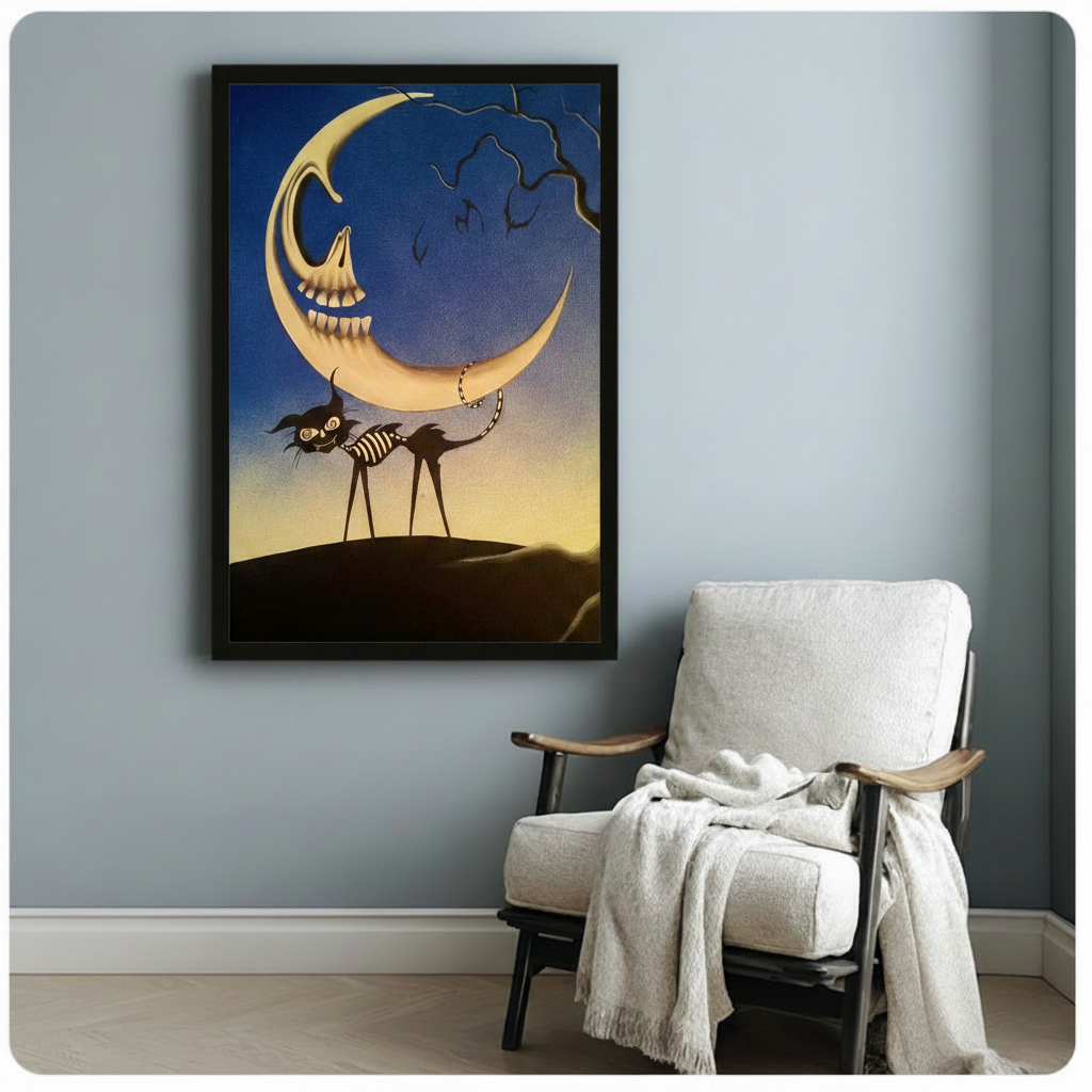 Skeleton Moon Gothic Black Cat Canvas Print Wall Art