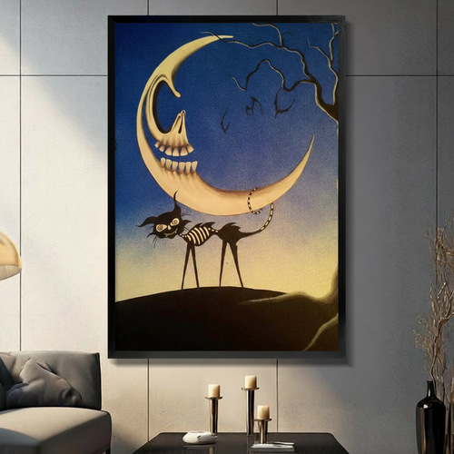 Skeleton Moon Gothic Black Cat Canvas Print Wall Art