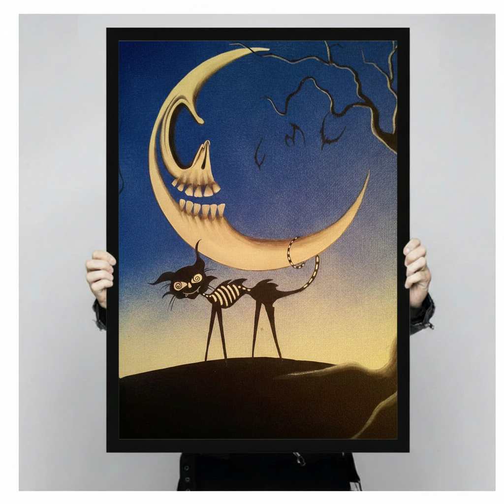 Skeleton Moon Gothic Black Cat Canvas Print Wall Art