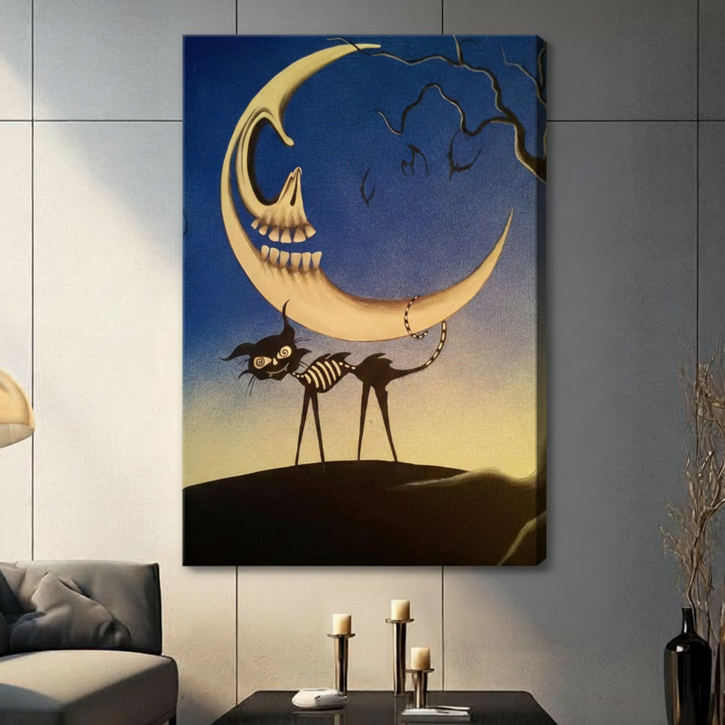 Skeleton Moon Gothic Black Cat Canvas Print Wall Art