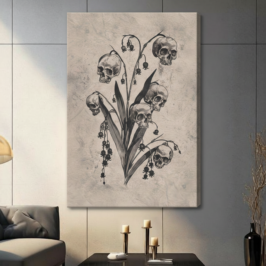 Gothic Skull Lily of Valley Botanical Canvas Art