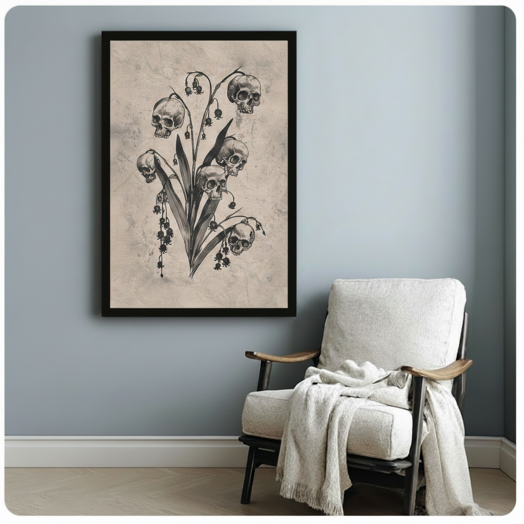 Gothic Skull Lily of Valley Botanical Canvas Art