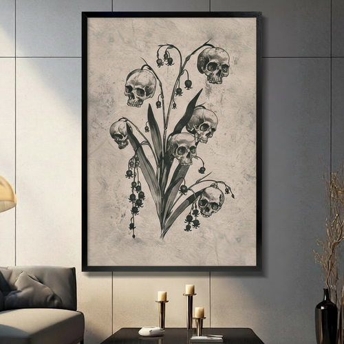Gothic Skull Lily of Valley Botanical Canvas Art