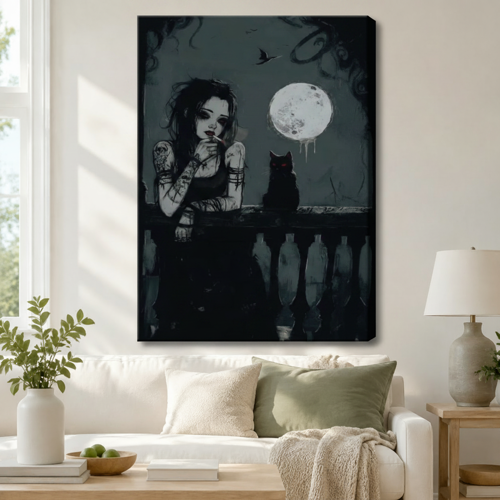 Gothic Moon Black Cat Canvas Wall Art