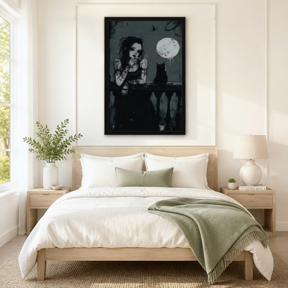 Gothic Moon Black Cat Canvas Wall Art