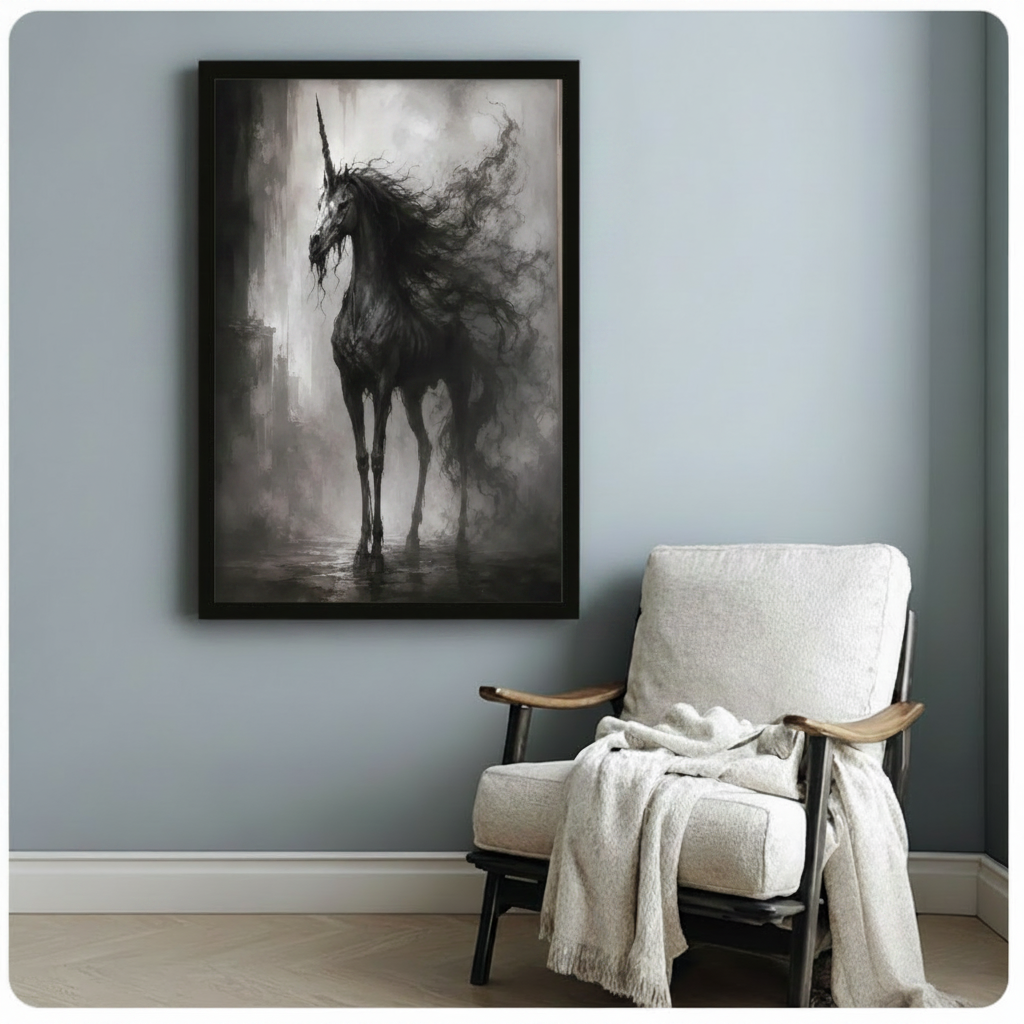 Gothic Dark Unicorn Misty Ruins Canvas Art Wall Art