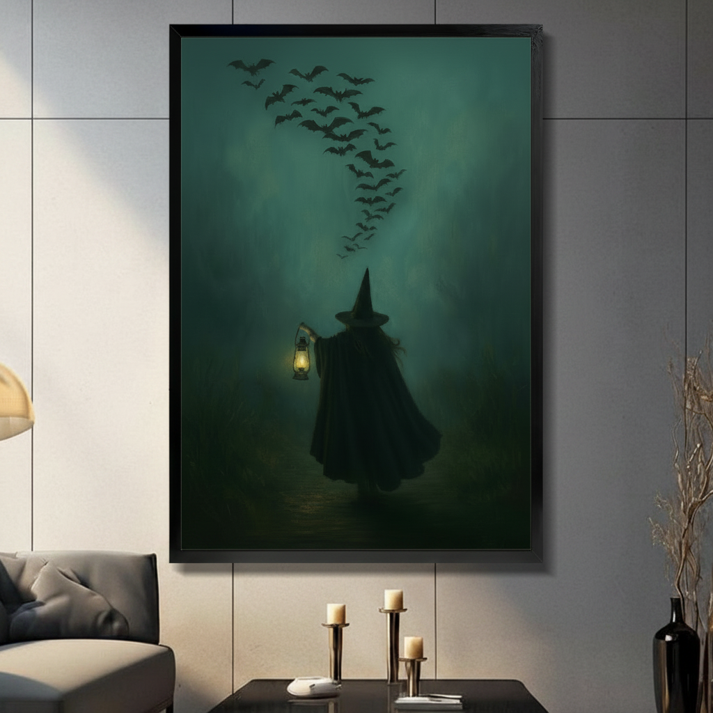 Gothic Witch Lantern Bats Dark Canvas Wall Art
