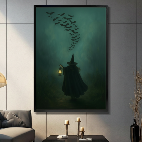 Gothic Witch Lantern Bats Dark Canvas Wall Art