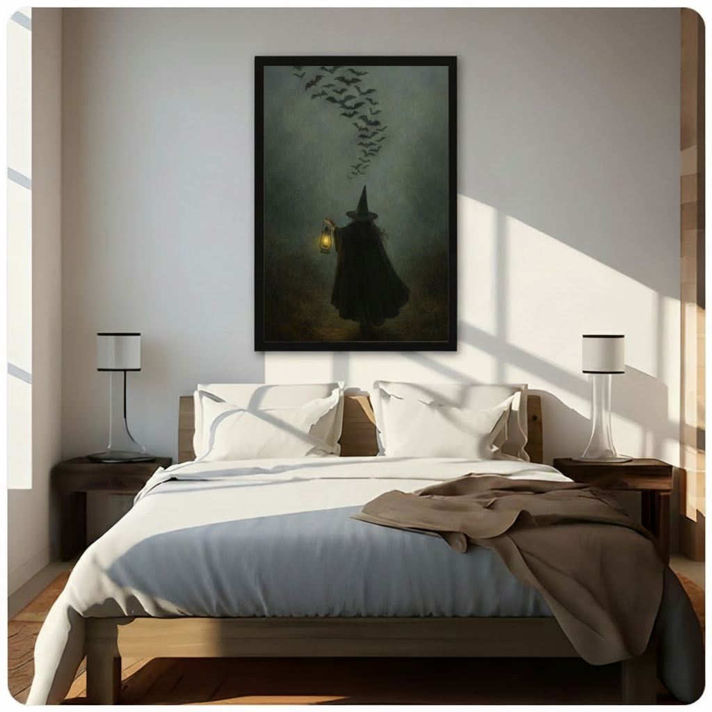 Gothic Witch Lantern Bats Night Canvas Art Wall Art